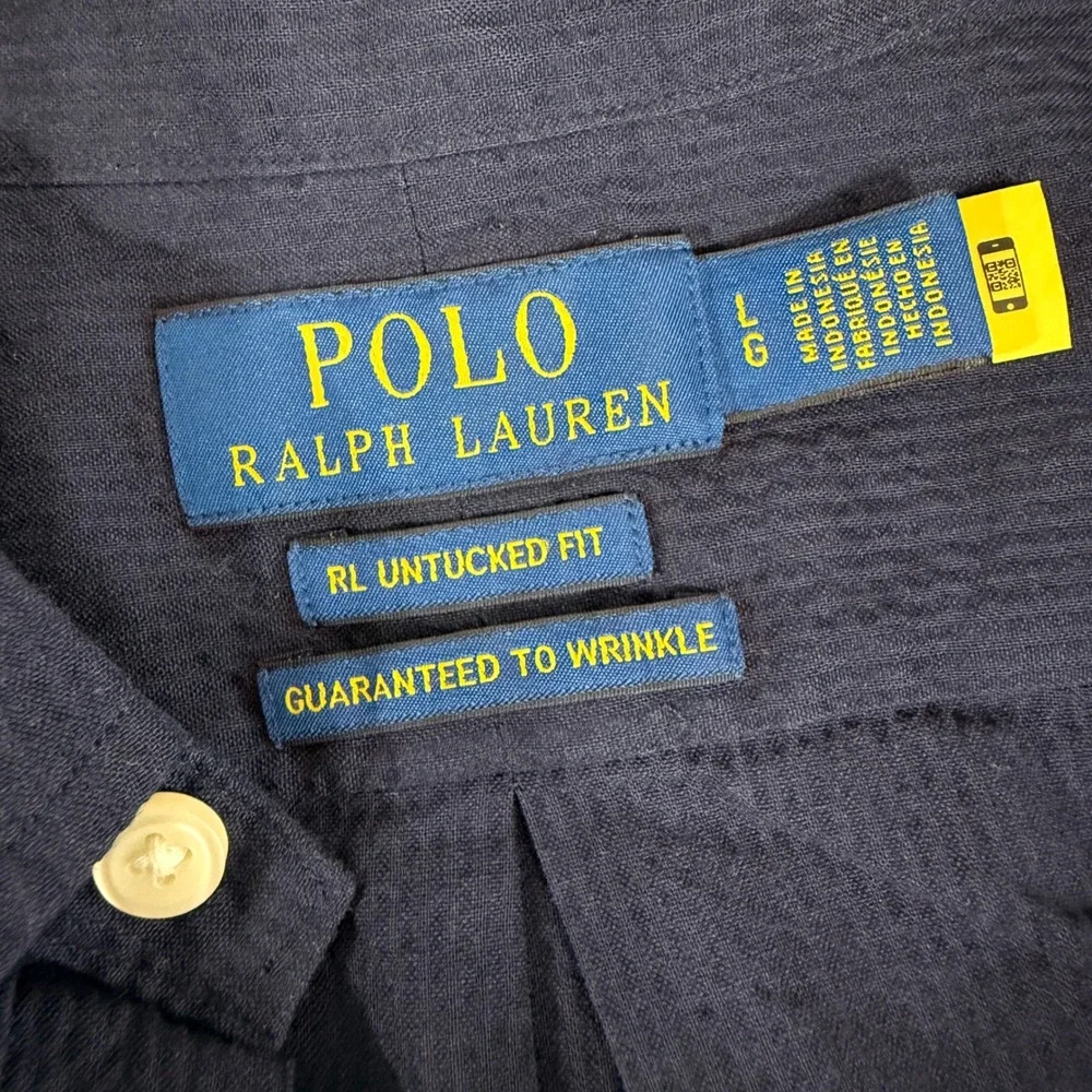 NEW Polo Ralph Lauren Mens Large Shirt Navy Blue Seersucker Untucked Fit Cotton